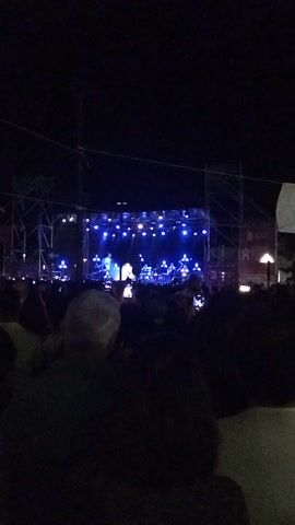 This media file captures a live outdoor concert at night. The scene is dominated by a brightly lit stage adorned with numerous blue spotlights and white bulbs, creating a dynamic visual effect. A band is performing on stage, though the individuals are not clearly discernible due to the distance and lighting. Smoke or fog machines are in use, adding to the atmosphere of the performance.

In front of the stage, a large crowd of people is gathered, silhouetted against the stage lights. Many are holding up their phones, presumably to record the event, indicating an engaged and excited audience. The foreground is filled with the backs of several audience members, their heads and shoulders visible, suggesting a close-up perspective from within the crowd.

The overall setting is an outdoor venue, implied by the dark, clear night sky above the stage structure and the absence of any enclosed building features. The time of day is clearly night due to the darkness of the sky and the reliance on artificial lighting. There are no overt weather cues, but the darkness suggests a clear night.

A small portion of a sign is visible on the right side of the frame, featuring some red text and a symbol that resembles a stylized "H" or a gate, but it is too indistinct to decipher completely. The event appears to be a lively and popular concert, likely a festival or public gathering, given the size of the crowd and the scale of the stage production. The mood conveyed is one of shared excitement and enjoyment of the live music.