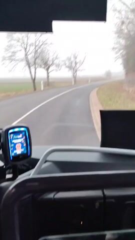 A view from inside the cab of a vehicle driving down a road on a foggy day. The road is paved and lined with bare trees and fields. A small digital screen is visible on the dashboard, displaying an avatar.  The interior of the cab is gray and black plastic.  The windshield wipers are not in use.