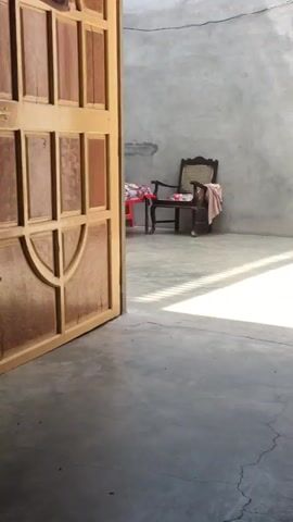 The video shows a view from inside a room, looking out through a partially open wooden door into a small courtyard. The door is painted a light brown color with darker brown accents. The courtyard is enclosed by concrete walls. A wooden chair with a woven seat sits in the middle of the courtyard, partially covered with a light-colored cloth. A small red stool and a table are visible to the left of the chair. Light streams into the courtyard, creating a strong contrast of light and shadow on the concrete floor. A dark-colored object is visible in the foreground, to the right of the door. A towel hangs at the top of the door.