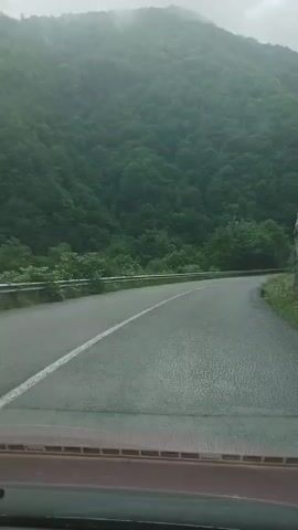 The video shows a driver's perspective on a winding road through a mountain pass. The road is paved and features a solid white line marking the lane. The mountain on the left is covered in lush green forest. A guardrail runs along the edge of the road. The sky is overcast, creating a soft, diffused light. The vehicle's dashboard is visible at the bottom of the frame. The overall scene evokes a sense of tranquility and natural beauty.