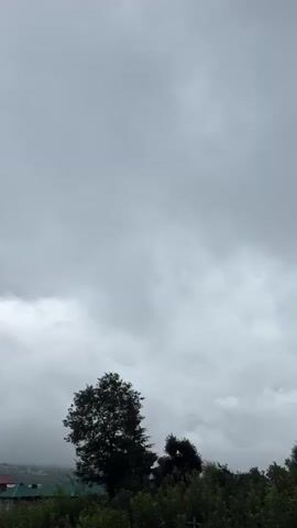 A vertical video shows a cloudy sky and a hillside landscape with trees and buildings. A lone tree stands in the middle of the frame against the overcast sky. To the left of the tree, glimpses of houses with red and green roofs can be seen peeking through the foliage. The sky is filled with heavy, gray clouds, suggesting an impending storm or a generally overcast day. As the video progresses, the camera pans slightly to the right, revealing more of the hillside, which is covered in dense green trees. Further into the distance, a larger building with a distinctive green roof and beige walls comes into view, perched on the slope. The overall atmosphere is somber and perhaps a little damp, characteristic of a cloudy or rainy day in a mountainous region.
