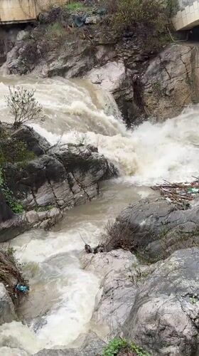 Muddy river rapids captured flowing through Gabrovo, Bulgaria