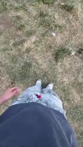 Here is a concise description of the video:

The video shows a person standing in a grassy field. The camera is positioned above, looking down at the person's body from the chest down to their feet. The person is wearing a grey t-shirt, camouflage pants, and white sneakers. They raise their hand with their fingers pointed up in a V shape. The camera then pans to show a crowd of people in the background. The field has patches of dry grass and some litter.