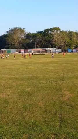 This is a shaky, full-shot video of a soccer game being played on a grassy field. Multiple children, some wearing orange or white jerseys, are running around the field, playing soccer. The field has a fence along the edge, and behind the fence are trees and a few small buildings. The sky is clear and blue. The camera is pointed at an angle, giving a good view of the entire field.