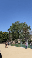Barcelona park life: fountains, parakeets, pedestrians on sunny afternoon