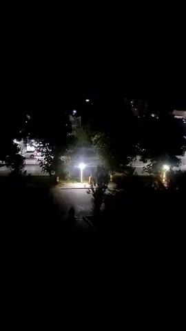 The video shows a night scene. It is dark with some artificial lights from street lamps and buildings. There are trees visible in the foreground and background, with some foliage. In the middle ground, a road or pathway is illuminated by a street lamp. There are hints of vehicles and structures in the distance, but they are indistinct due to the darkness and the camera's motion. The video appears to be a shaky, handheld recording, possibly from a moving vehicle or person, as evidenced by the blurred motion and shifting perspective, particularly towards the end. There are no clearly identifiable individuals or specific actions taking place.
