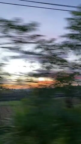 The video captures a time-lapse of a sunset viewed from a moving vehicle. The sky transitions through hues of purple, pink, orange, and yellow as the sun dips below the horizon. The foreground features blurred trees and vegetation, suggesting the camera is moving past them. In the distance, a flat landscape with scattered buildings and possibly fields is visible. Power lines are also present in the upper portion of the frame. The overall impression is one of a serene natural landscape under a colorful twilight sky.