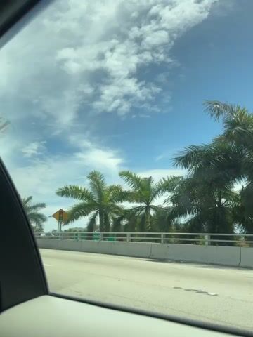 The video shows a view from inside a car looking out at a highway. The sky is blue with scattered clouds, and palm trees are visible along the roadside. Several cars are driving on the highway. One car, a black SUV, is in the foreground, and a silver sedan is further down the road. There are signs on the side of the road, one of which appears to be a traffic signal. The overall environment appears to be a sunny day in a tropical or subtropical location.