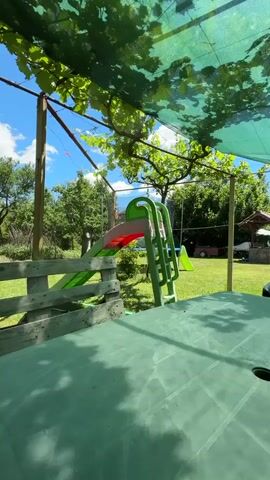 A video opens to a low-angle shot from under a green mesh canopy with grapevines overhead. In the background, a green plastic slide with red steps and a yellow ladder stands in a grassy yard. A green plastic table and chair are in the foreground. The camera pans right, revealing a wooden structure in the middle of the yard, a small shed, a parked car, and a large tree with green leaves. The sky is blue with scattered clouds. The video ends as the camera continues to pan right.