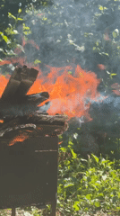 Outdoor barbecue grill burning in Ukrainian rural area