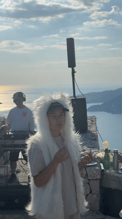 DJ setup at Montenegro scenic overlook with mountain ocean views