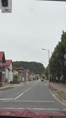 The video shows a street view from inside a vehicle traveling down a road. On the left side of the road are houses with red roofs and some have half-timbered features. On the right side of the road are trees and streetlights. In the distance, there is a hill covered in trees. Several cars are visible on the road, and there are traffic lights. One traffic light turns red, causing the cars to stop. The sky is overcast.