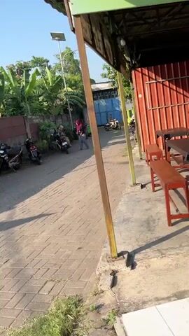 The video shows an outdoor scene with a paved walkway in the foreground and a dirt path beyond. The walkway is made of interlocking bricks and is illuminated by sunlight casting shadows. To the left of the walkway, several motorcycles are parked. Beyond the motorcycles, there are trees and foliage. On the right side of the frame, there is a covered seating area with wooden tables and benches. Behind the seating area, there is a corrugated metal structure. In the distance, on the dirt path, several people are walking and riding motorcycles. The overall environment appears to be a public area, possibly a marketplace or a restaurant. The lighting suggests it is daytime, possibly late afternoon due to the long shadows.