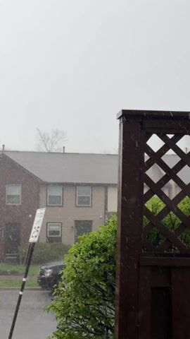 The scene is a residential street during a rainstorm. A speed limit sign indicating 25 mph is visible. Rain is falling heavily. Several cars are parked on the street and in a parking area. A silver SUV drives through the rain. Buildings of brick and siding are visible in the background. Trees with bare branches are also present. A wooden lattice structure is in the foreground to the right.