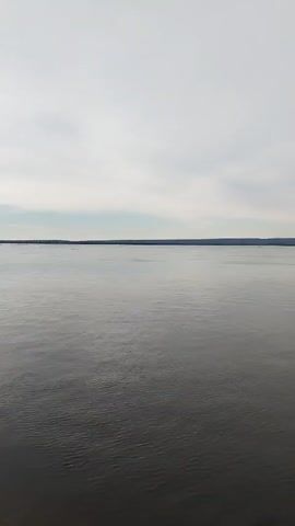 The video shows a wide, calm river, presumably the Lena River as indicated by the caption. The water is a dark grey color. The sky is overcast with light grey clouds. The horizon line shows a distant, dark strip of land across the river. The camera pans slightly to the right, revealing a few reeds or branches in the lower right corner. There is no visible activity on the river or shoreline.