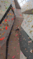 Indoor climbing gym observed with towering walls and natural lighting