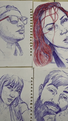 Pen-and-ink portrait sketches laid out on a tiled floor in Abuja
