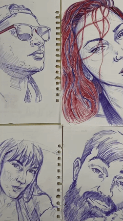 Pen-and-ink portrait sketches laid out on a tiled floor in Abuja