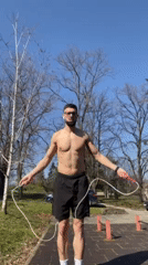 Man exercises with jump rope on Shumen walkway