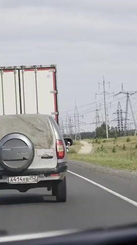 The video is a first-person perspective shot from inside a vehicle. The camera is looking forward through the windshield, showing a gray SUV ahead in the same lane of a paved road. Behind the SUV, a large white trailer truck is visible, partially obscuring the view of the SUV. The SUV has a spare tire mounted on its rear and a visible license plate with Cyrillic characters and numbers. To the right of the road, there is a grassy area with scattered trees and a series of tall electrical transmission towers stretching into the distance under an overcast sky.