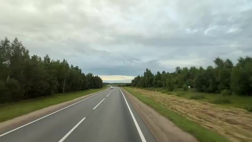 The video shows a view from a moving vehicle on a two-lane asphalt road. The road is bordered by a grassy shoulder and then dense green trees on both sides. The sky is overcast with clouds. A white truck is seen driving in the opposite lane, approaching the camera. The truck is the only vehicle visible in the distance. The camera appears to be mounted on the front of the vehicle, looking straight ahead. There are no other people or animals visible in the frame.