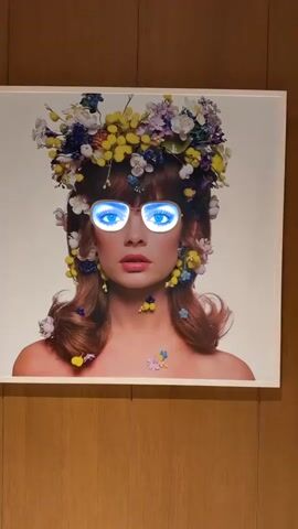 A framed artwork hangs on a wood-paneled wall. The artwork is a photograph of a woman's head and shoulders. She is wearing a large, elaborate floral headdress made of yellow, purple, and white flowers. Her hair is styled in a bouffant. She has on large, white-rimmed sunglasses that have glowing blue eyes displayed on the lenses. Several small flowers are attached to her hair and chest. The background of the photograph is plain white.
