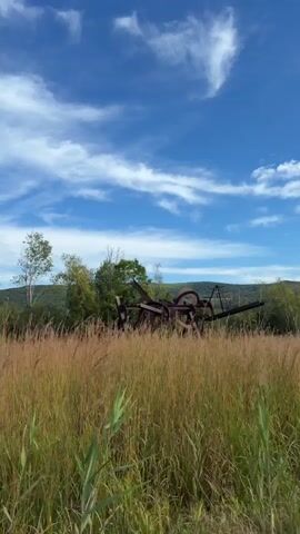 A still video shot shows an old piece of farm equipment in a field of tall, golden grass. The equipment is rusty and appears to be some kind of tiller or cultivator. In the background, there are trees and rolling hills under a bright blue sky with scattered white clouds. The sun is shining, creating a peaceful, rural atmosphere. There are no people visible in the video.