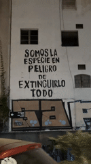 Motorcyclist rides past environmental graffiti in Buenos Aires at night