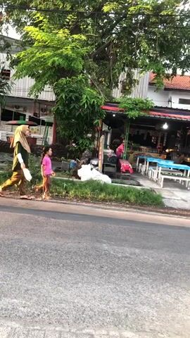 The image depicts a street scene in Balonggabus, Indonesia, likely in the late afternoon given the warm, golden light and long shadows. The weather appears to be pleasant, with clear skies and a gentle breeze suggested by the rustling leaves of the large tree.

The primary subjects are two individuals walking along the sidewalk next to a road. On the left, an adult, likely a woman, is wearing a hijab and loose-fitting clothing, carrying a white plastic bag. To her right, a young child, presumably a girl, is dressed in a pink t-shirt and shorts. They are walking from left to right across the frame.

Behind them, a roadside establishment is visible. It appears to be a small shop or eatery with an open-fronted structure featuring a red awning. Several tables and benches, some with blue tops, are set up outside, suggesting a place where people can sit and eat or relax. Various items are displayed on shelves and hanging in front of the shop. In front of the shop, a large white bag, possibly filled with trash or goods, sits on the ground.

The overall scene conveys a sense of everyday life in a community. The presence of trees and the casual arrangement of the shop suggest a tropical or subtropical climate. There are no discernible emotions overtly displayed by the individuals, but the activity of walking and the presence of a child suggest a relaxed, possibly leisurely moment. No text is clearly legible within the image.