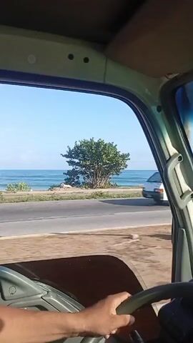 A person is driving a vehicle, possibly a truck, along a road beside the ocean. The ocean is on the right side of the vehicle. The driver is holding the steering wheel with their right hand. The dashboard of the vehicle is visible. Trees and some beach structures are visible through the window. The sky is blue and clear. The road appears to be paved.