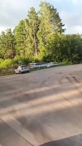The video shows a car driving on a road next to a forest. The car is silver and appears to be a sedan. The road is paved and has a gravel shoulder. The forest is dense with trees and undergrowth. The sky is cloudy.