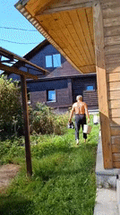 Quiet dacha morning: garden, bare feet, and breakfast.