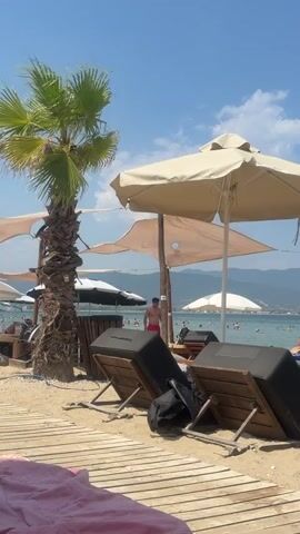 The video shows a beach scene on a sunny day. In the foreground, a wooden walkway leads towards the sand, with a pink towel draped over what appears to be a lounge chair. Two wooden lounge chairs with black cushions are set up on the sand. A black bag is on one of the chairs. Behind the chairs, a tall palm tree stands to the left, with its fronds reaching towards the sky. Several beach umbrellas, some tan and some white, are set up on the beach. In the background, the clear blue ocean stretches out to the horizon, with several people visible in the water and on the shore. Mountains are visible in the distance. A person in red shorts stands on the sand near the water's edge. The sky is blue with a few scattered white clouds.