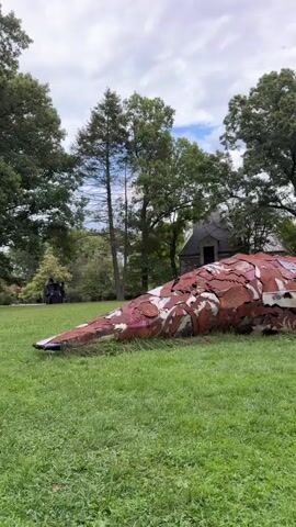 The video shows a large, whale-shaped sculpture made of metal, lying on a grassy lawn. The sculpture is reddish-brown and appears to be made of rusted metal pieces. It has a pointed head and a tail fin. In the background, there are trees and a building that looks like a small house or shed. The sky is cloudy. The sculpture is positioned horizontally on the ground, with its head facing left and its tail facing right. The camera pans slightly to the right, revealing more of the sculpture and the surrounding environment. The grass is green and appears to be well-maintained. There are no people visible in the video.