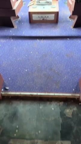 The video shows an abandoned airplane cockpit with two seats and a control panel. The seats are red and brown, and the control panel is made of wood and metal, with various buttons and levers. A telephone is placed on the control panel. The floor is covered with a blue carpet, and the windows are tinted green. The scene is dusty and appears to be neglected. There are no people or animals in the video.