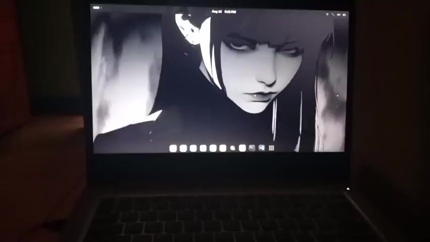 The video shows a laptop with its screen displaying an anime-style image of a woman with dark hair and intense eyes. The background of the image is a blurred, dark, and somewhat smoky or cloudy scene. On the laptop's taskbar, there are several application icons visible. The laptop is placed on a dark surface, and the surrounding environment is dimly lit, with some reddish-brown fabric visible on the left side of the frame. The video is very short, lasting only a few seconds, and appears to be a static shot of the laptop screen.