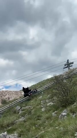 The video shows a person riding down a mountain on a summer toboggan track. The track is made of metal rails and is built on a grassy hillside dotted with rocks. The person is seated in a black toboggan-like sled with a red and white logo. They are wearing a dark top, jeans, and sneakers. Their hair appears to be dyed pink. As the sled descends, the person raises their arm in the air, shouting. Above the track is a ski lift with several red gondolas. The sky is overcast with grey clouds. There is a bush to the right side of the track.