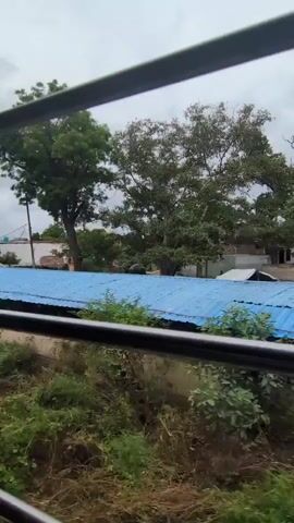 The video captures a landscape viewed through horizontal bars, likely from a train window. The scene is predominantly rural and appears to be under an overcast sky. In the foreground, lush green vegetation covers the lower portion of the frame. As the view moves horizontally, various structures and elements of the environment are revealed. Initially, a blue-roofed structure is visible, followed by a more traditional building with a courtyard and white decorative elements. Further along, a multi-story building with unfinished construction is seen. The background consists of trees and more vegetation, with distant structures occasionally appearing. The overall impression is of a journey through a developing or rural area, with a mix of residential and possibly commercial buildings interspersed with natural greenery. The weather appears to be cloudy, creating a diffused light. No people are explicitly visible in the video.
