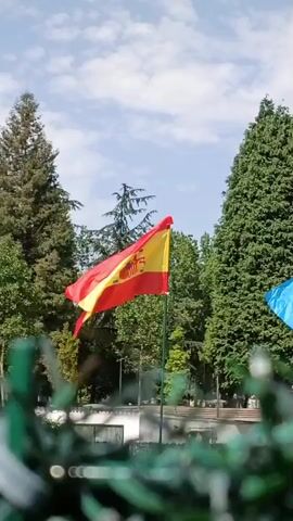 This media file captures a Spanish flag fluttering in the breeze against a backdrop of lush green trees and a partly cloudy blue sky. The flag, featuring horizontal stripes of red, yellow, and red, with the Spanish coat of arms on the yellow stripe, is centrally positioned and appears to be on a flagpole.

The scene suggests an outdoor setting, possibly a park or a public space, given the presence of mature trees and hints of a building or structure in the background, partially obscured by foreground foliage. The time of day appears to be daytime, with bright sunlight casting shadows and illuminating the scene. The weather seems pleasant, with a clear sky dotted with white clouds, indicating fair weather.

While no people are clearly visible, the setting itself, combined with the prominent display of the national flag, could imply a patriotic event, a celebration, or simply a display of national pride in Siero, Spain. The foreground is out of focus, showing blurred green elements, possibly a fence or plants, creating a sense of depth and framing the main subject. The overall mood is serene and patriotic. There is no visible text in the media file.