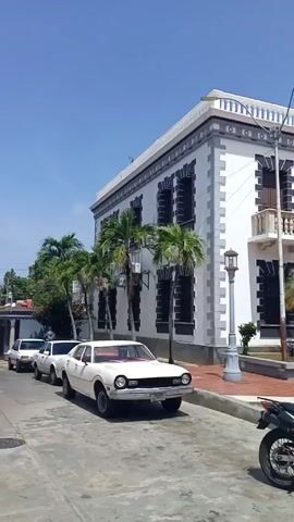 The video shows a light-colored, two-story building with white columns, decorative ledges, and symmetrically placed windows. It is situated in a brick-tiled plaza with palm trees and other vegetation nearby. A yellow, blue, and red Venezuelan flag is flying on a pole in front of the building. A gray motorcycle is parked on the plaza in the foreground. Cars are parked along the side of the plaza across from the building. One man is seen walking across the plaza.