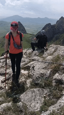 Hikers explore mountain trails, take selfies near Hüseynbəyli, Azerbaijan