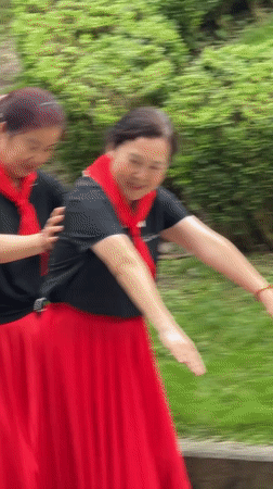 Women perform coordinated line dancing in Jiulongpo District park