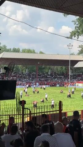 A wrestling match is taking place in an outdoor stadium. The field is covered in green grass, and a crowd of spectators is seated in the bleachers. Several wrestlers, wearing traditional attire, are engaged in matches. Some are grappling, while others are on the ground. Officials in white shirts are present on the field, observing the matches. A large fan is visible in the foreground, and a fence separates the spectators from the field. The sky is partly cloudy, with trees visible in the background.