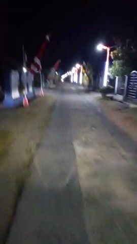 THE VIDEO SHOWS A FIRST-PERSON POV OF A VEHICLE MOVING DOWN A PAVED ROAD AT NIGHT. ON EITHER SIDE OF THE ROAD ARE FLAGS AND LIGHT POLES, SOME OF WHICH ARE ILLUMINATED. THE FLAGS APPEAR TO BE RED AND WHITE, AND SOME HAVE OTHER COLORS. THE ROAD IS DARK EXCEPT FOR THE HEADLIGHTS OF THE VEHICLE AND THE ILLUMINATED LIGHT POLES. THE ENVIRONMENT APPEARS TO BE A RURAL OR SUBURBAN AREA.