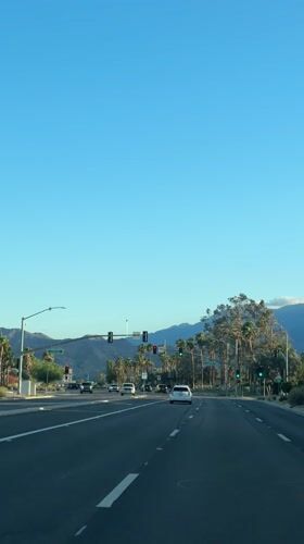 Driver captures sunny Palm Springs street view with palms