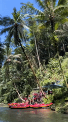 Rafting group gathers at tropical river in Indonesia