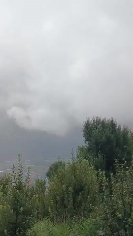 A low-angle shot shows a lush green forest in the foreground, with various trees and bushes. In the background, a misty valley unfolds, with a town nestled within it. The sky is overcast and cloudy, with patches of sunlight breaking through. The camera pans slowly across the scene, offering a panoramic view of the valley and its surroundings. The overall atmosphere is serene and tranquil, with a hint of mystery due to the fog.