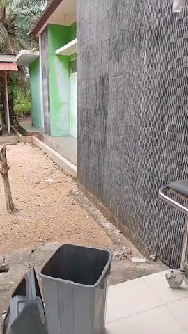 The video pans across a hospital hallway. In the foreground, a grey trash bin is visible on the left. To the right, a metal medical stretcher with a black padded surface and wheels is present. The walls are a mix of textured grey stone and bright green paint. A doorway with a glass door and a silver handle is on the left. The hallway continues into a larger room with more green walls. A bulletin board with various posters and notices is on the left wall. Further down, a row of white chairs is visible. Another doorway at the end of the hallway leads to an area with windows and a purple curtain. The floor is tiled and reflects the light. A sign reading "KLASTER V" is displayed above the doorway at the end of the hallway.