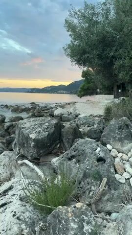 The video shows a rocky shoreline with calm water and a cloudy sky at dusk. Large gray rocks and smaller pebbles are visible in the foreground. A few green plants grow among the rocks. The water is clear and reflects the light from the sunset. In the distance, a tree-covered hillside with some buildings can be seen. The sky is filled with shades of blue, gray, pink, and yellow, indicating the end of the day. The overall atmosphere is serene and peaceful.