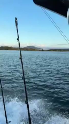 The video shows a view from the back of a moving boat, with the ocean stretching out toward an island in the distance. Three fishing poles are visible on the left side of the frame. The sky is blue, and the water is dark blue. The boat is creating a white wake as it moves.